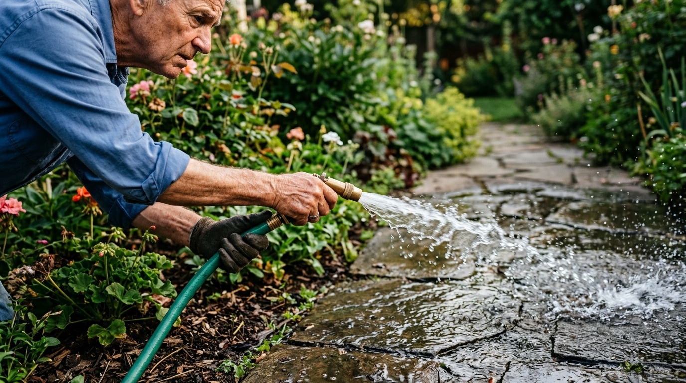 Main dirigeant un jet d'eau loin des plantes