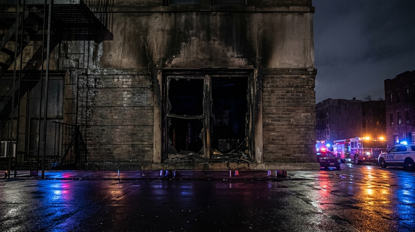 Façade d'immeuble avec fenêtre noircie par un incendie