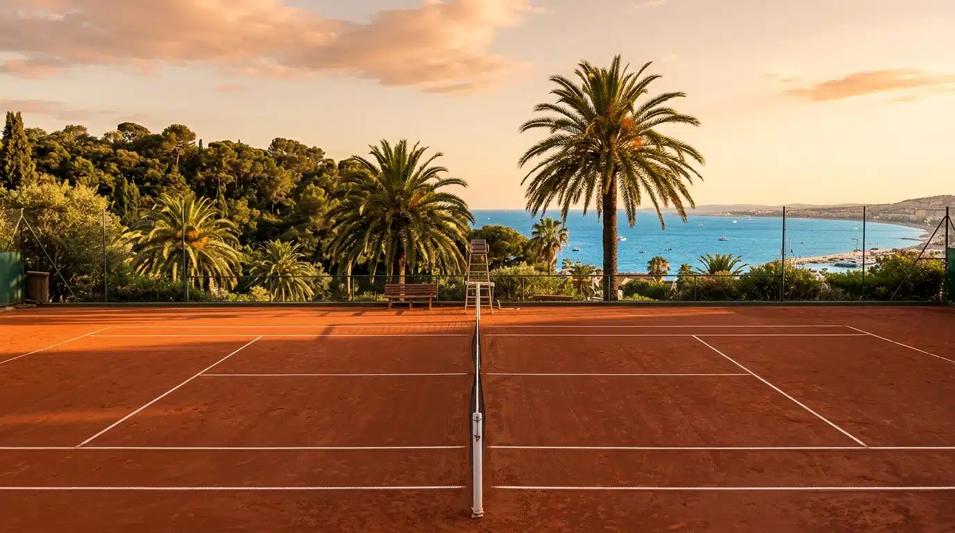 Court de tennis en terre battue à Nice sous un éclairage doré