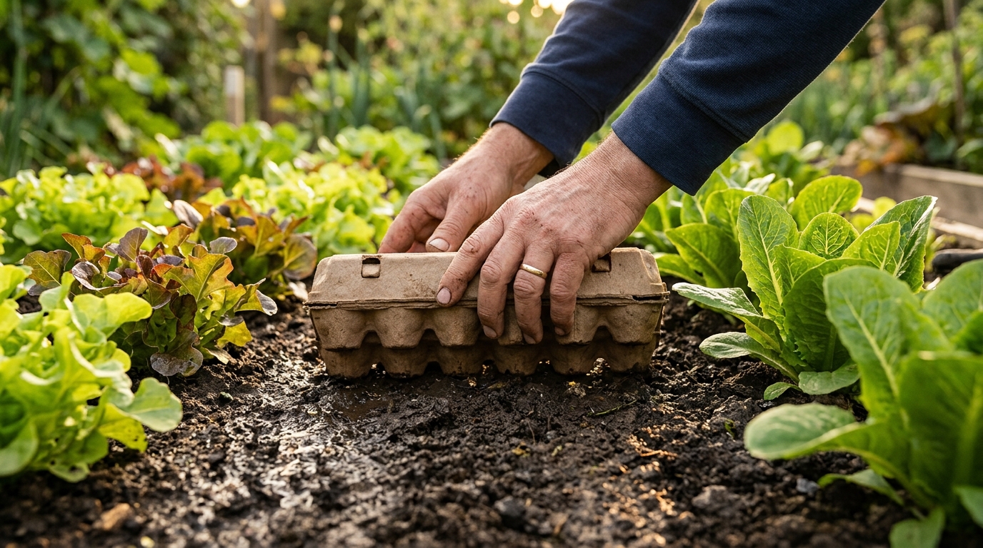 Boîte à œufs posée sur le sol humide du potager