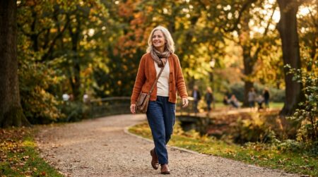 Femme souriante marchant sereinement dans un parc