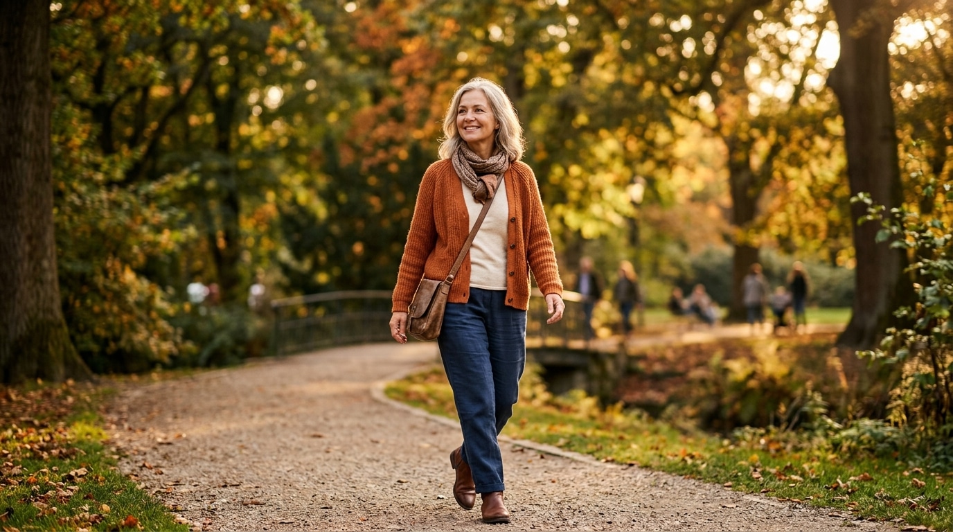 Femme souriante marchant sereinement dans un parc