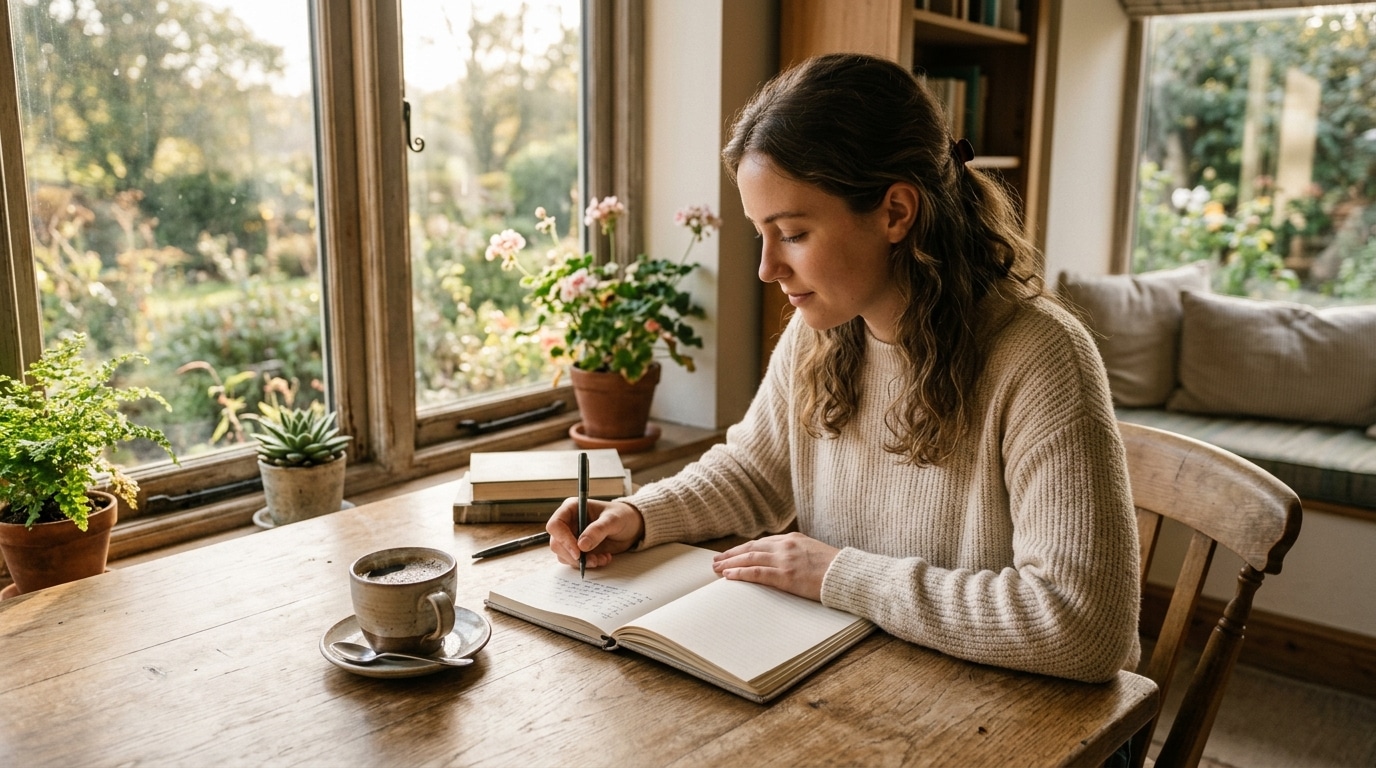 Personne écrivant dans un journal de gratitude le matin