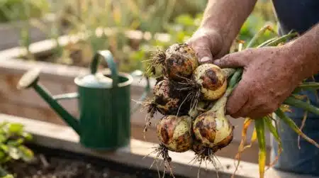 Mains de jardinier tenant des oignons pourris sortis de terre