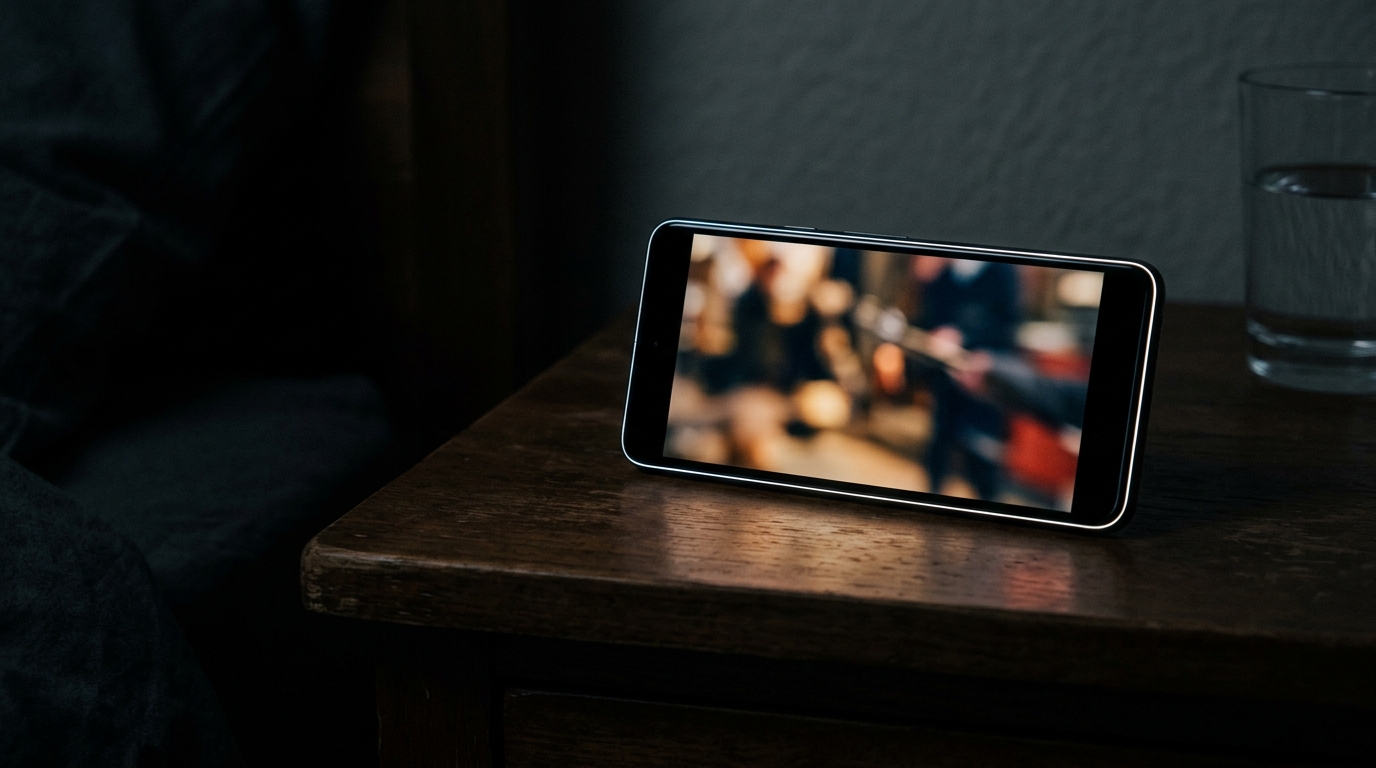 Smartphone affichant une vidéo floutée dans la pénombre