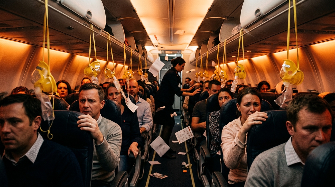 Cabine d'avion en pleine panique après l'incident du hublot