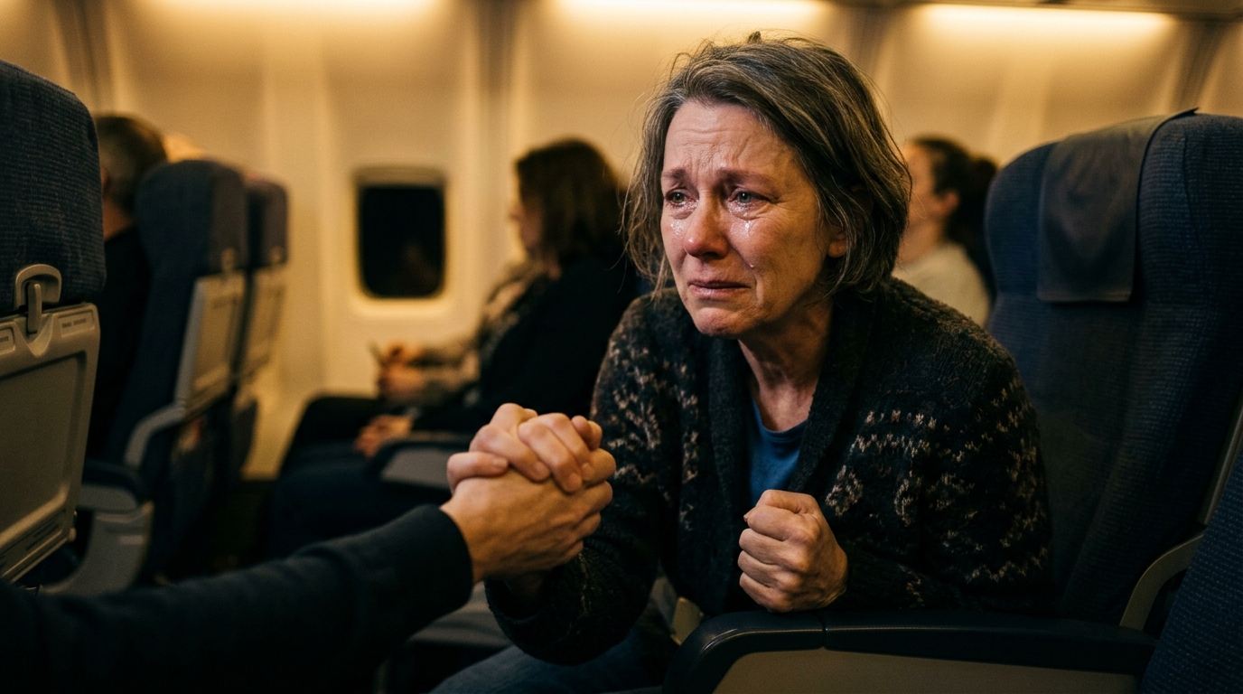 Femme tenant la main de son mari dans l'avion, visage marqué par la peur