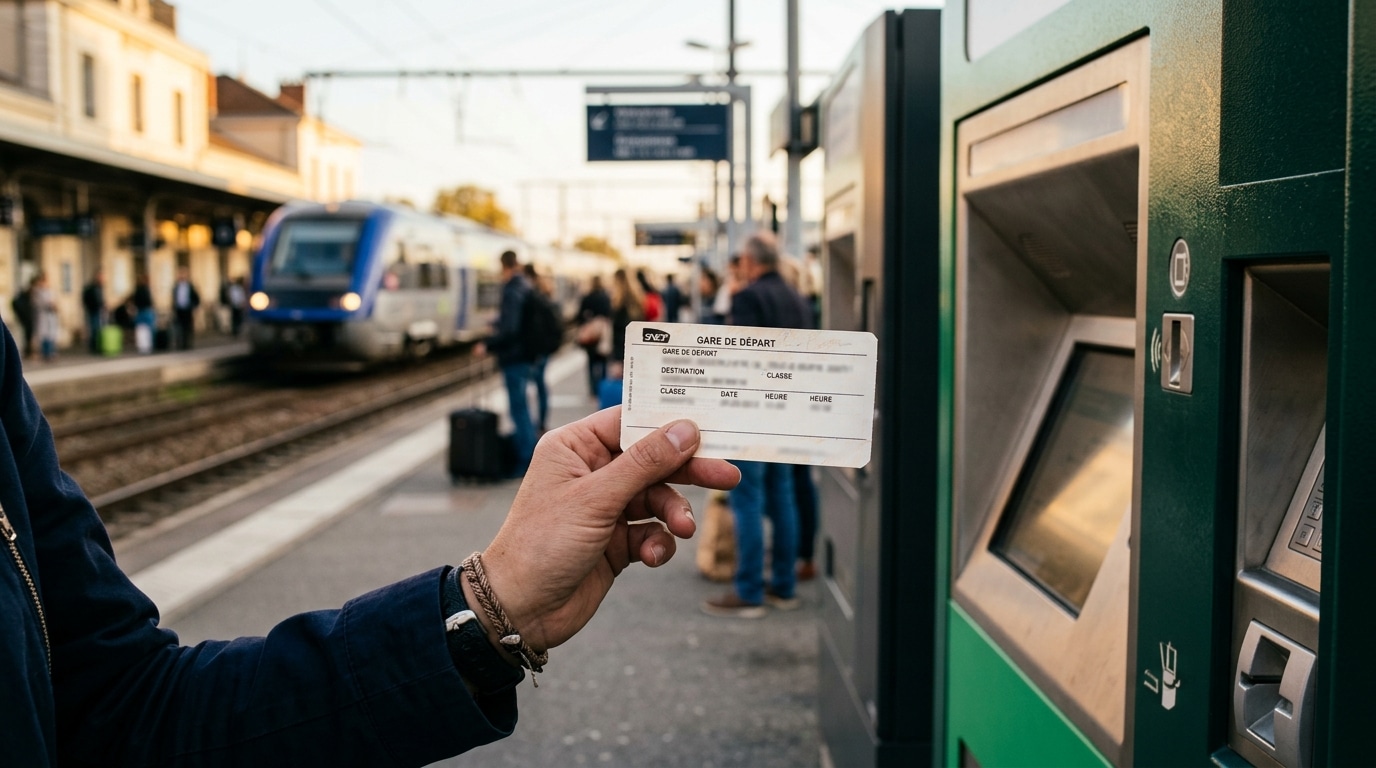 Main tenant un billet de train près d'un distributeur