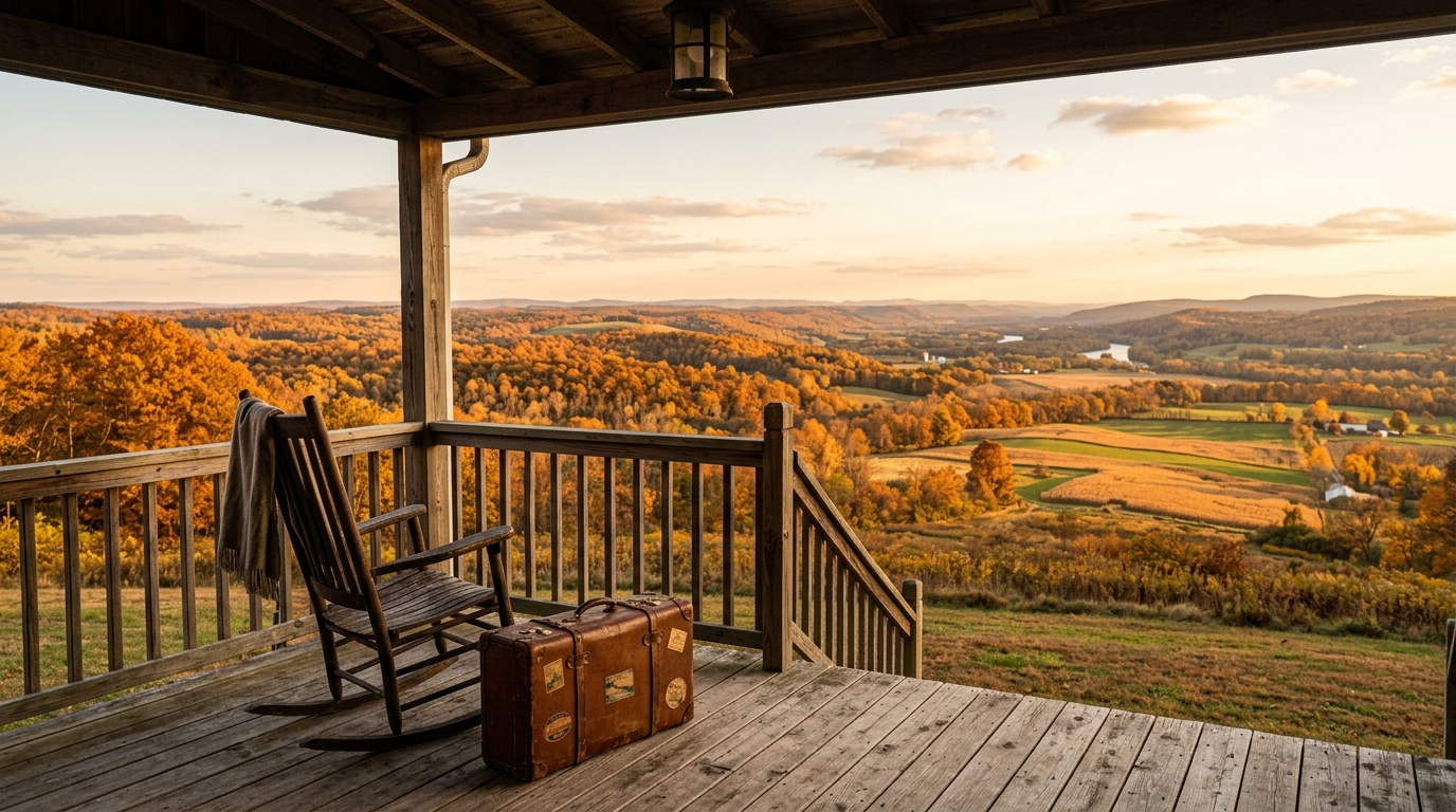 Valise posée sur un porche face à un paysage américain au coucher du soleil