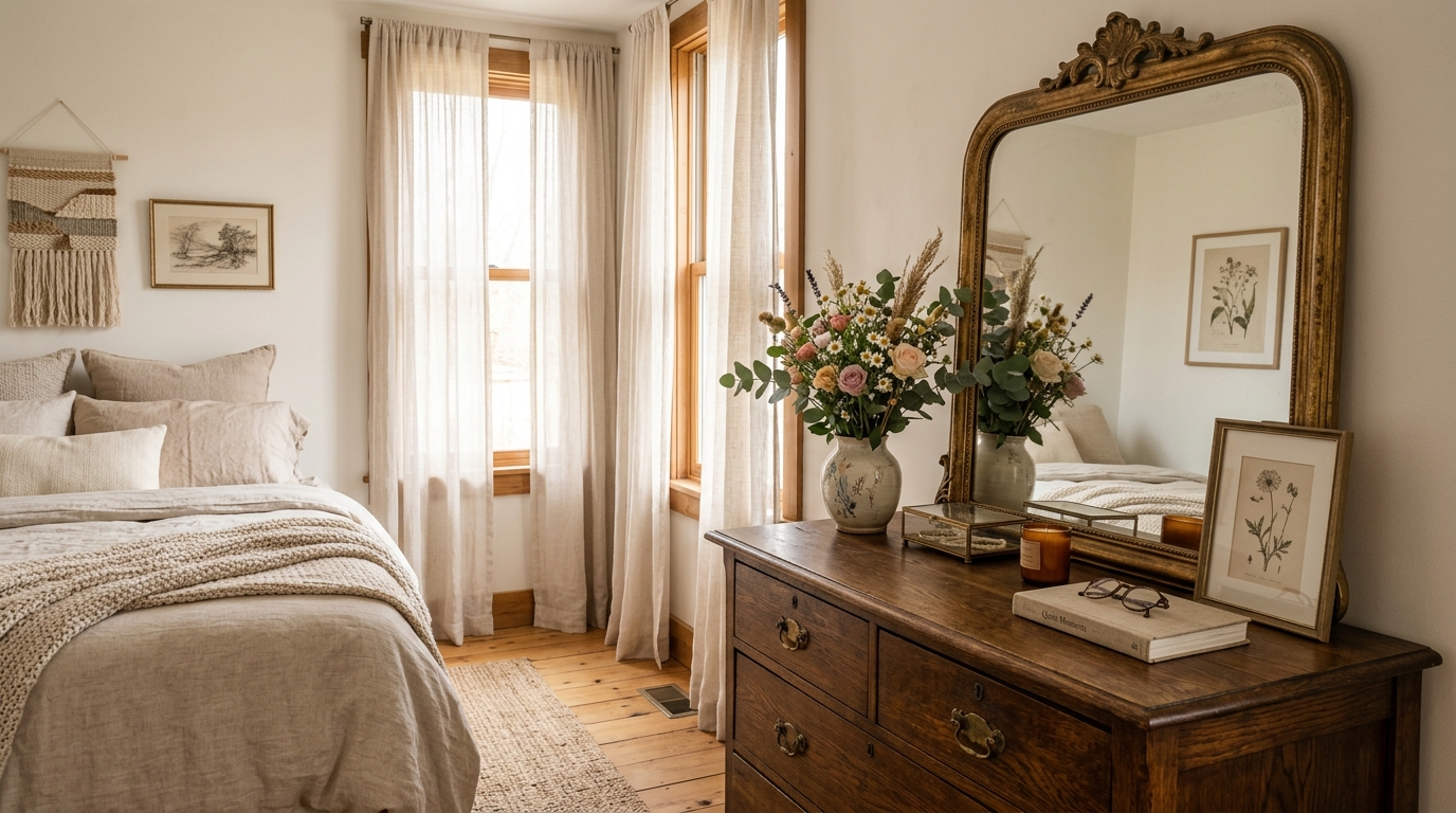 Miroir vintage dans une chambre cosy baignée de lumière naturelle