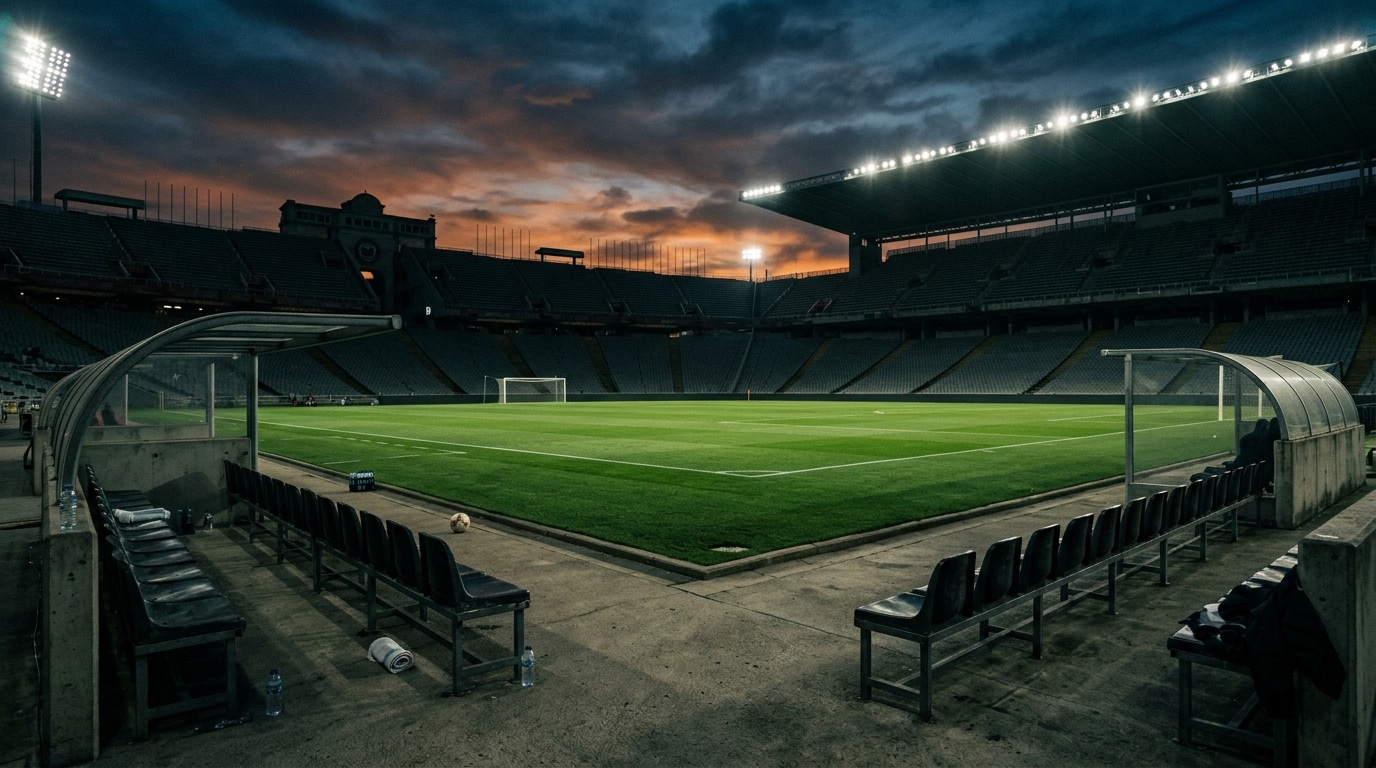 Bancs de touche vides d'un stade au crépuscule