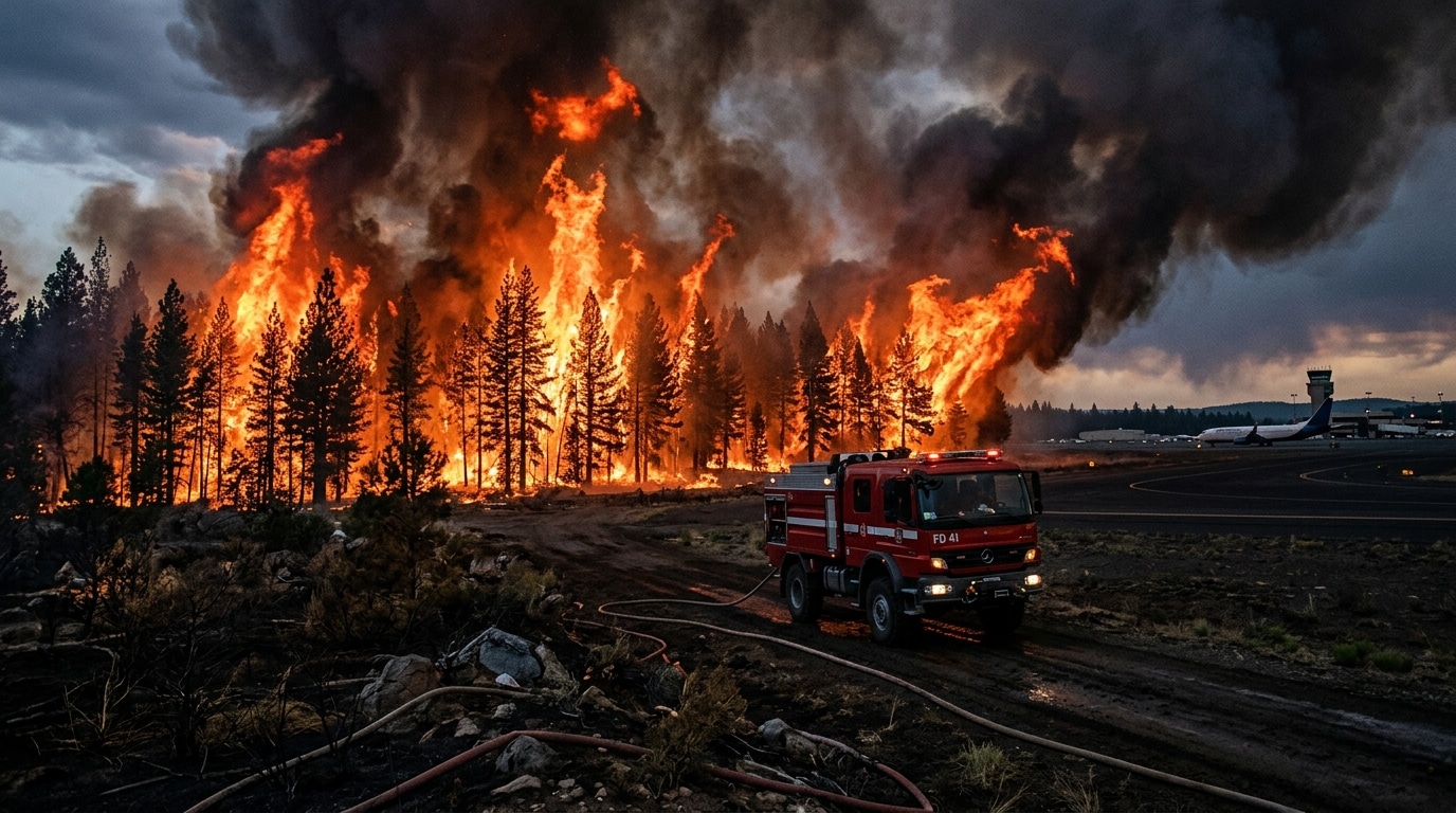 Camion de pompiers cerné par un feu de forêt intense près de Bordeaux