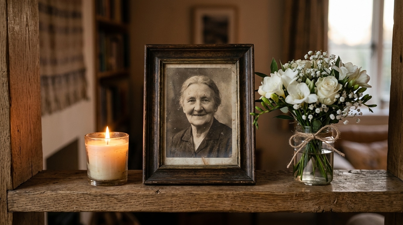 Photo encadrée entourée de bougies et de fleurs blanches en hommage