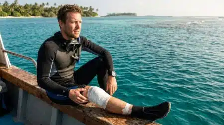 Plongeur assis sur un bateau avec jambe bandée