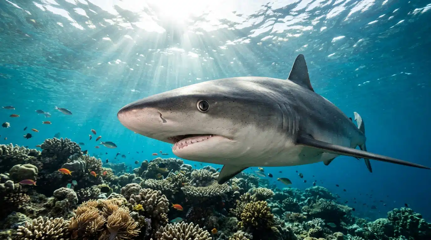 Requin gris nageant près d'un récif corallien