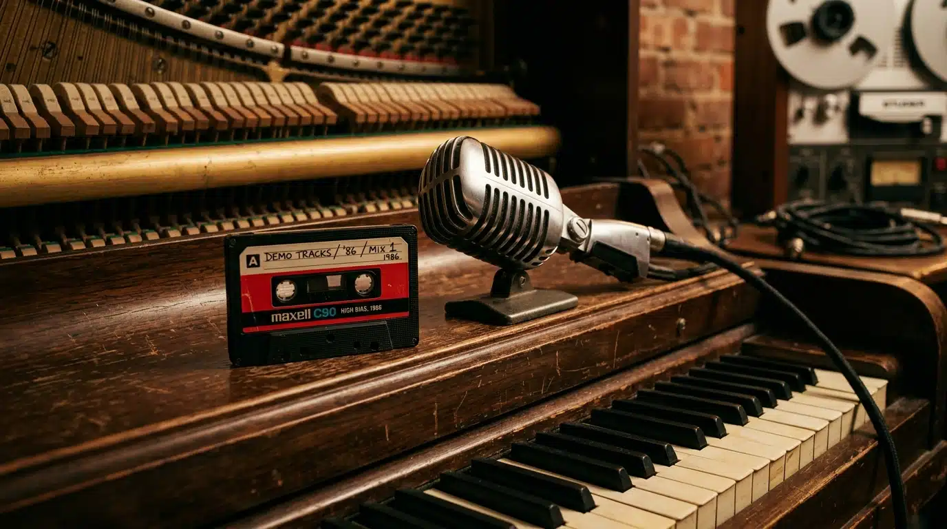 Cassette audio et micro analogique rétro sur piano en bois, ambiance années 80