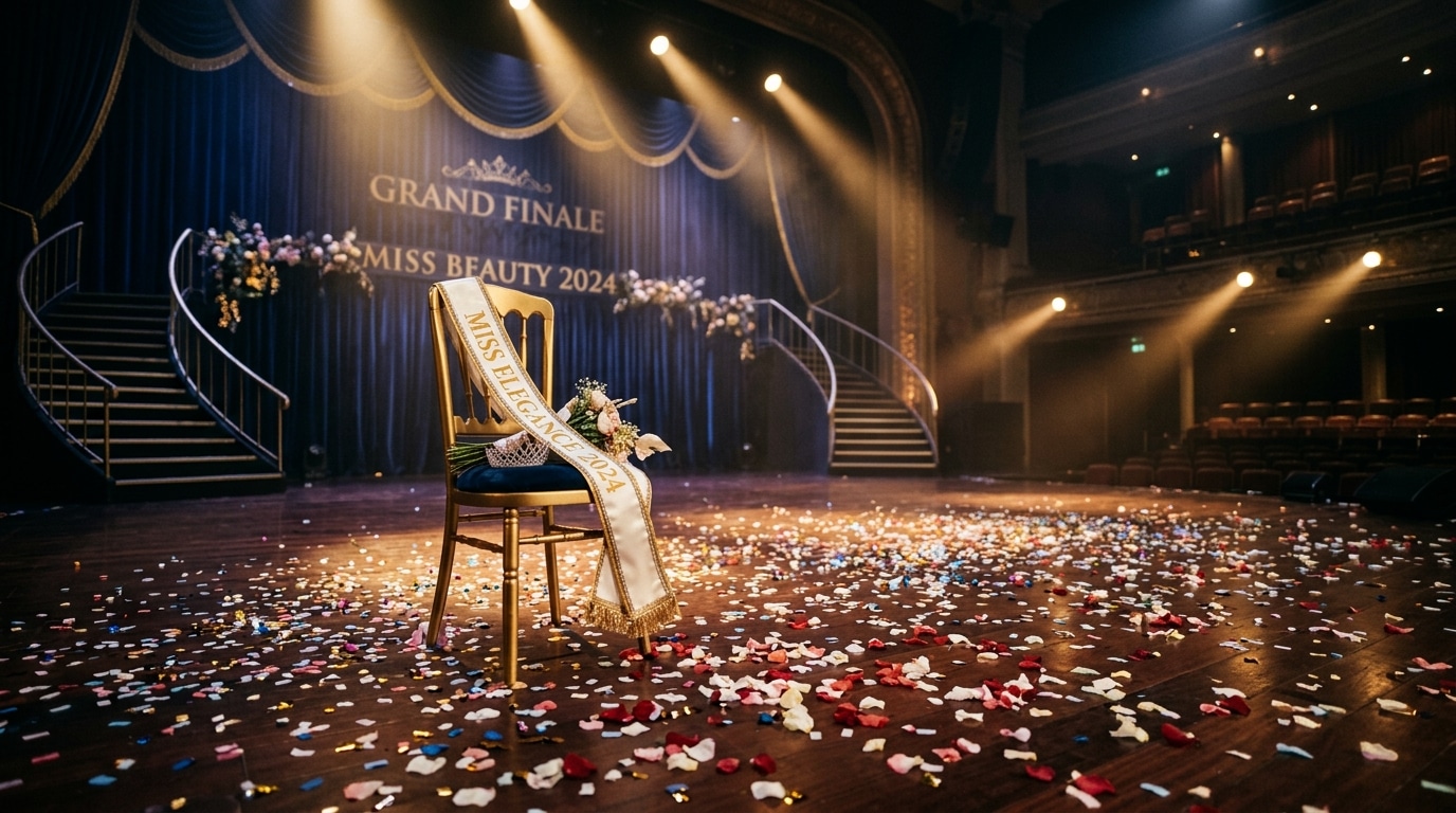 Scène de concours vide avec écharpe et confettis au sol