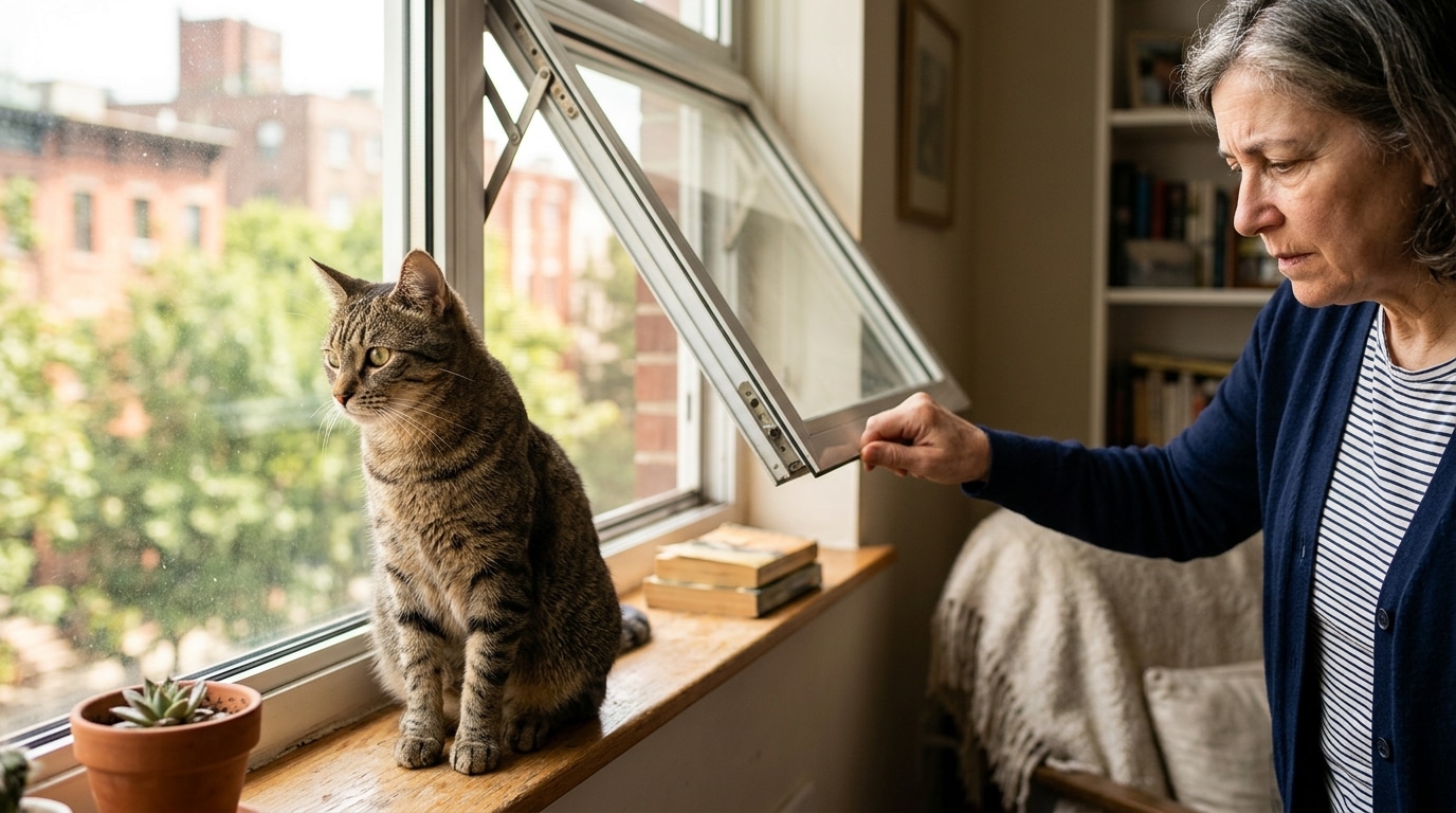 Chat près d'une fenêtre entrouverte en été
