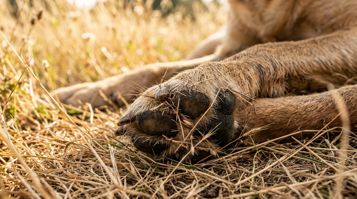 Épillets d'herbe sèche coincés dans les coussinets d'un chien