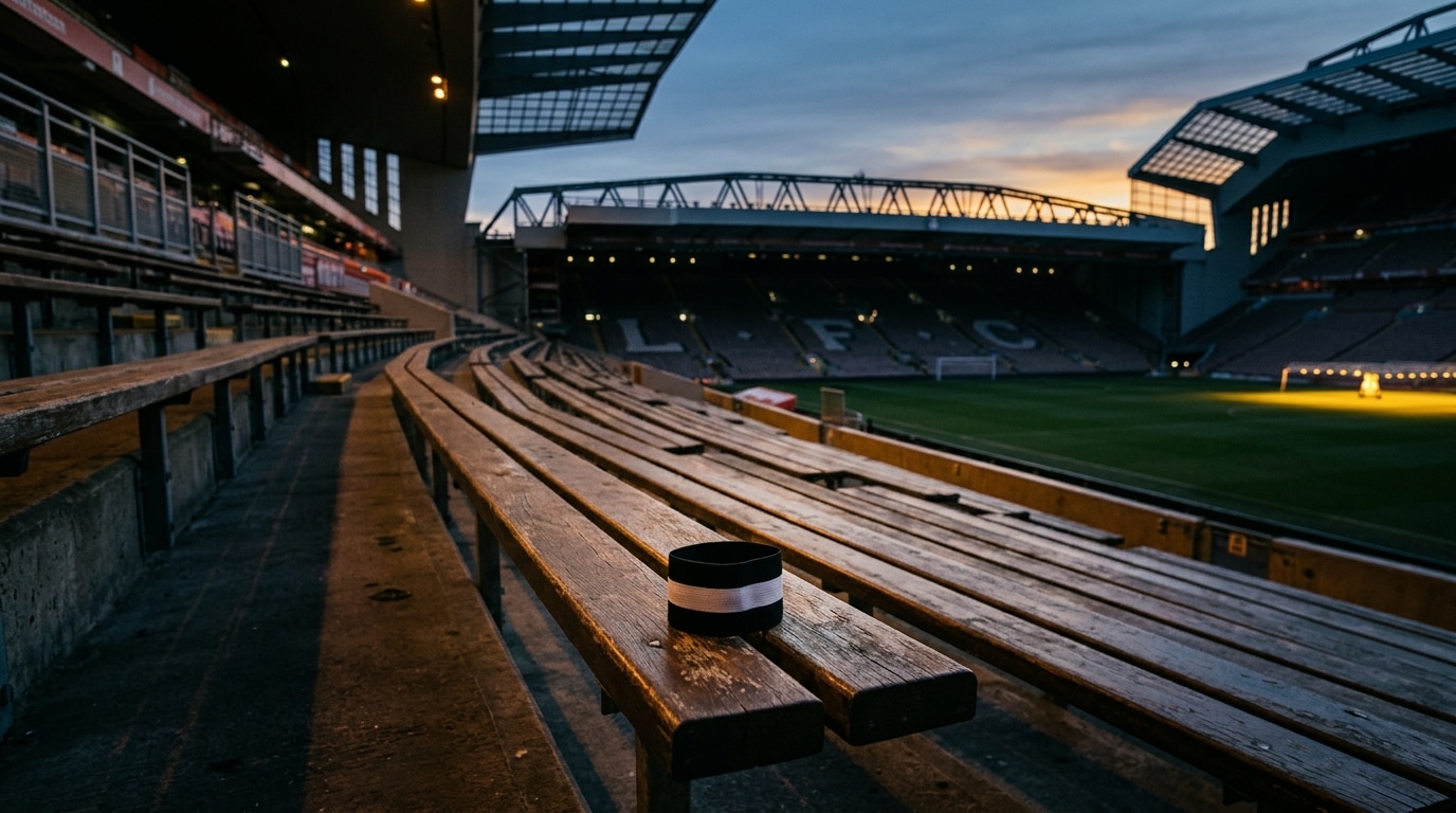 Brassard noir posé sur un banc de stade vide au crépuscule, symbole de deuil refusé par la FIFA