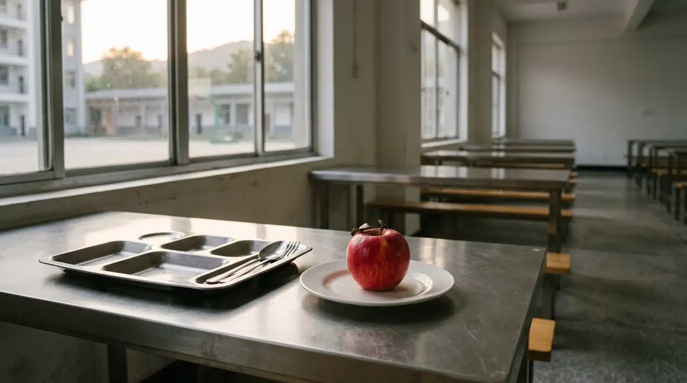 Pomme seule sur une assiette dans un réfectoire