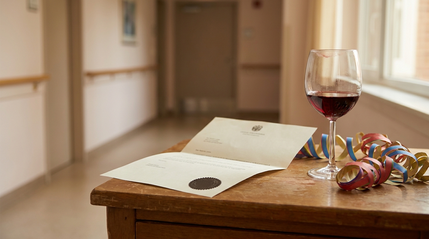 Courrier officiel posé près d'un verre et de confettis