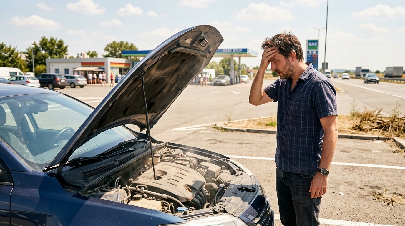 Automobiliste dépité devant le capot ouvert sur autoroute
