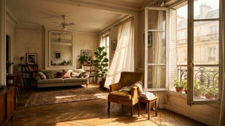Fenêtre ouverte en plein soleil dans un salon
