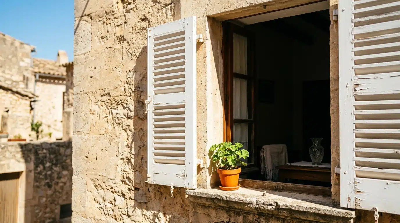 Volets extérieurs fermés contre une façade ensoleillée