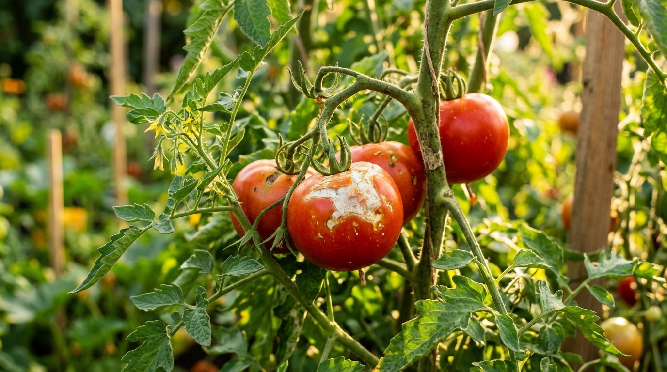 Tomates avec taches blanches de coup de soleil sur le plant