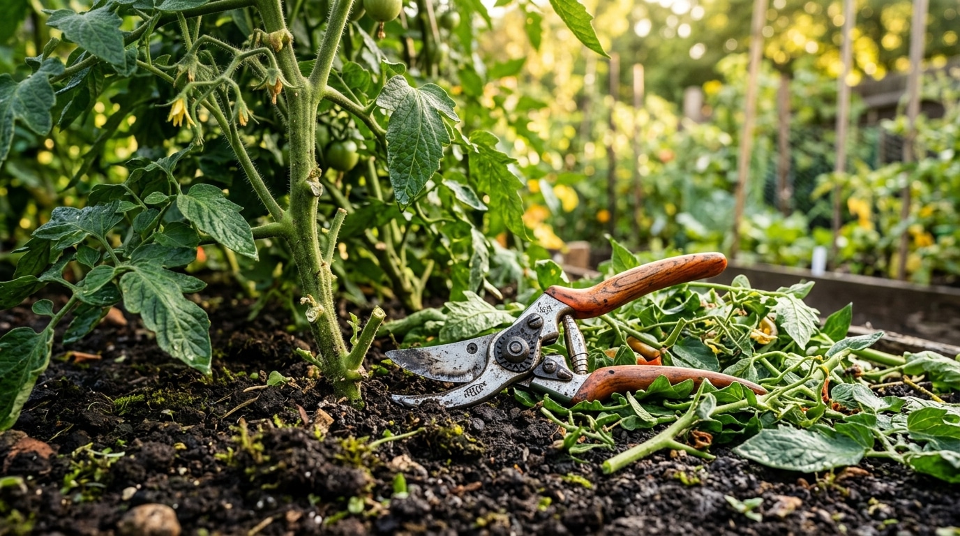 Sécateur de jardin posé près d'un plant de tomates effeuillé
