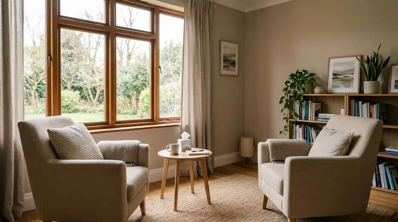Bureau de thérapeute vide avec deux fauteuils face à face près d'une fenêtre lumineuse