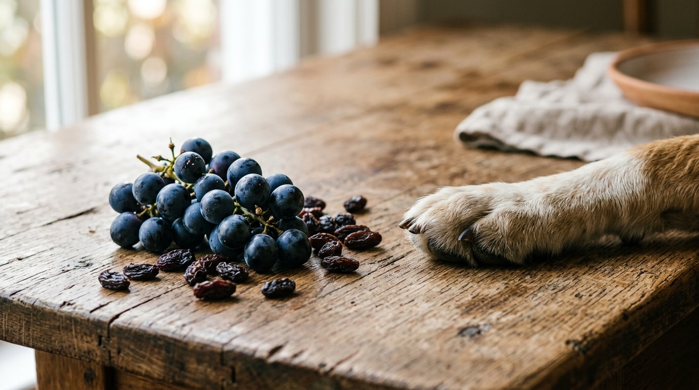 Grains de raisin et raisins secs près d'une patte de chien