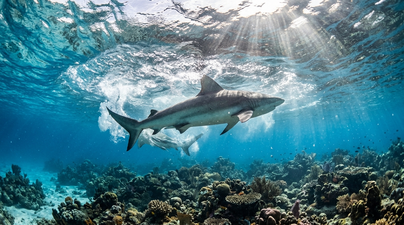 Requin gris de récif nageant en cercle dans l'eau turquoise