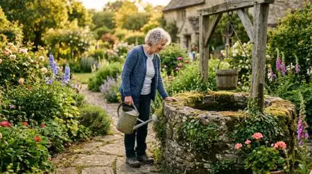 Femme senior observant un vieux puits en pierre au jardin
