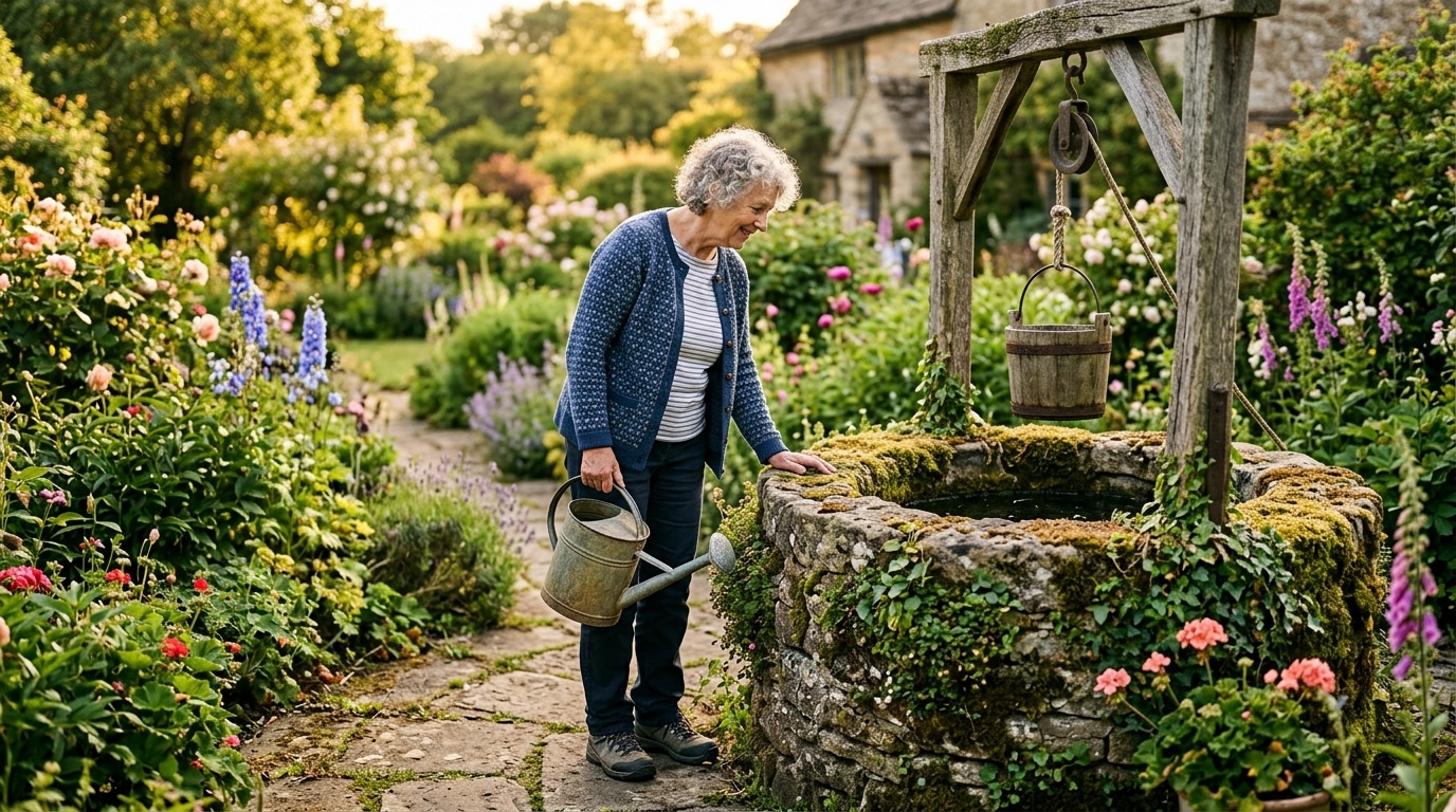 Femme senior observant un vieux puits en pierre au jardin