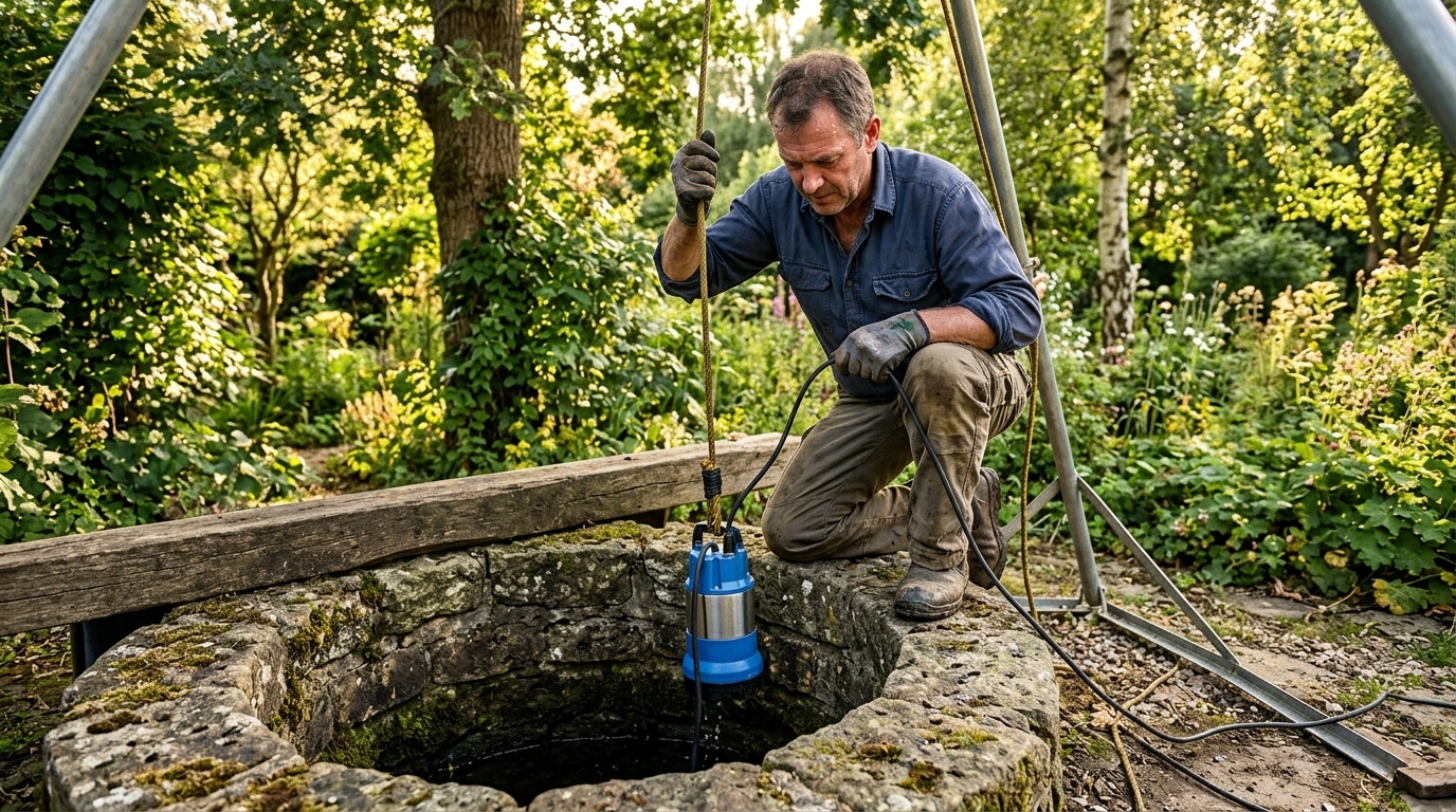 Homme installant une pompe immergée dans un puits ancien