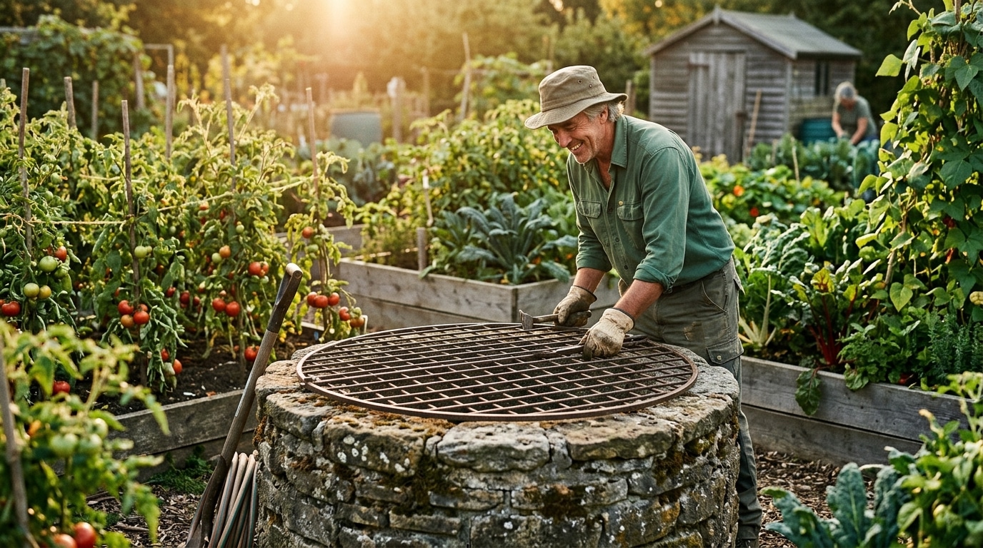 Jardinier posant une grille de sécurité sur un puits
