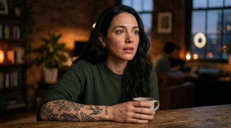 Jeune femme tatouée pensive éclairée par une lumière chaude