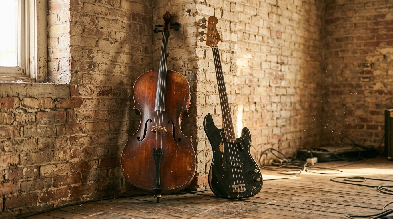 Violoncelle et guitare basse posés contre un mur usé