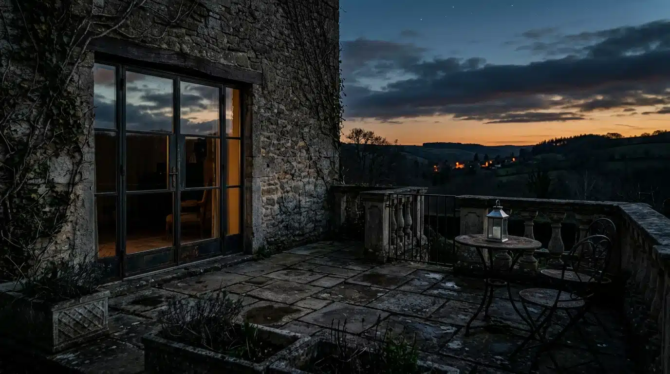 Terrasse en pierre devant une porte-fenêtre à la tombée du jour, ambiance mystérieuse