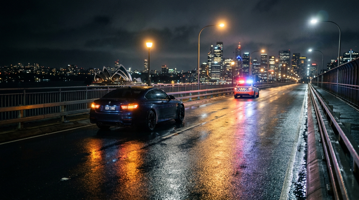 Voiture arrêtée de nuit sur un pont avec police en arrière-plan