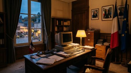 Bureau de mairie avec ordinateur ancien dans l'Orne