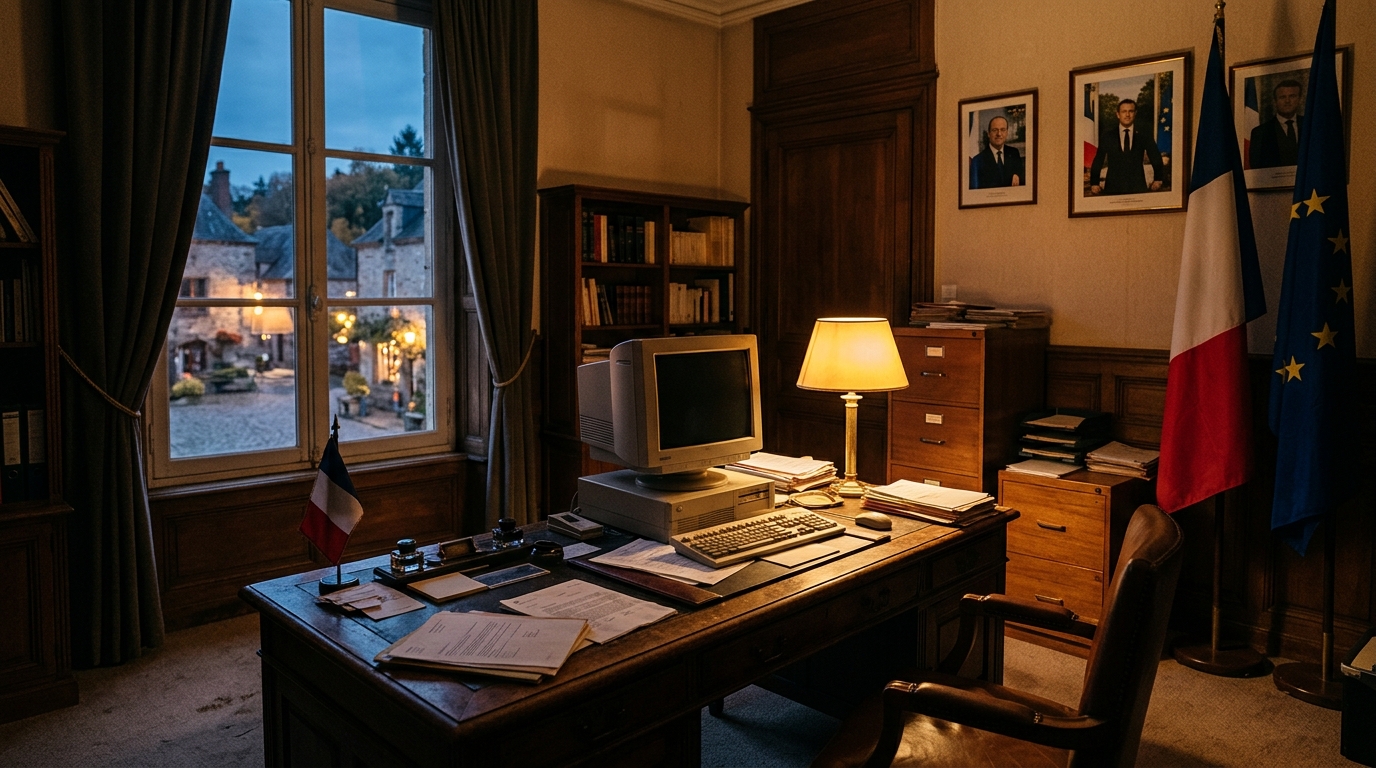 Bureau de mairie avec ordinateur ancien dans l'Orne