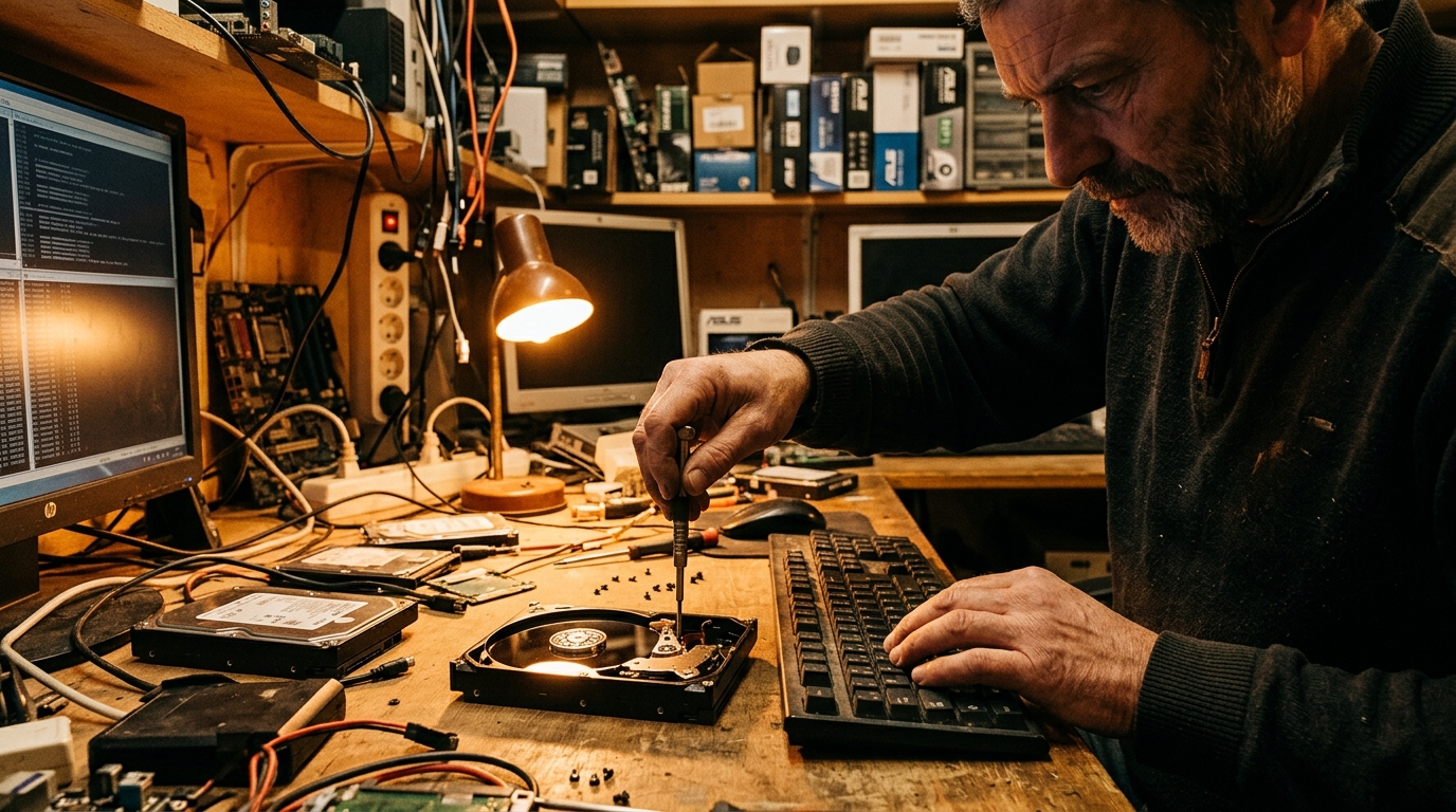 Réparateur informatique examinant un disque dur