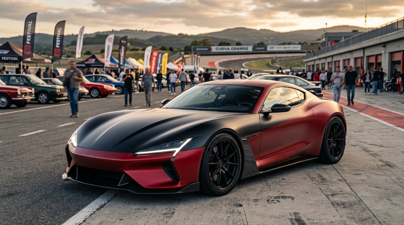 Supercar électrique coupé rouge et noire sur circuit extérieur