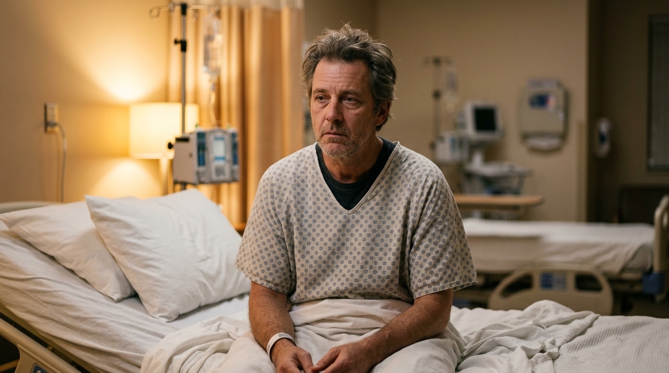 Homme survivant assis dans un lit d'hôpital, regard hagard