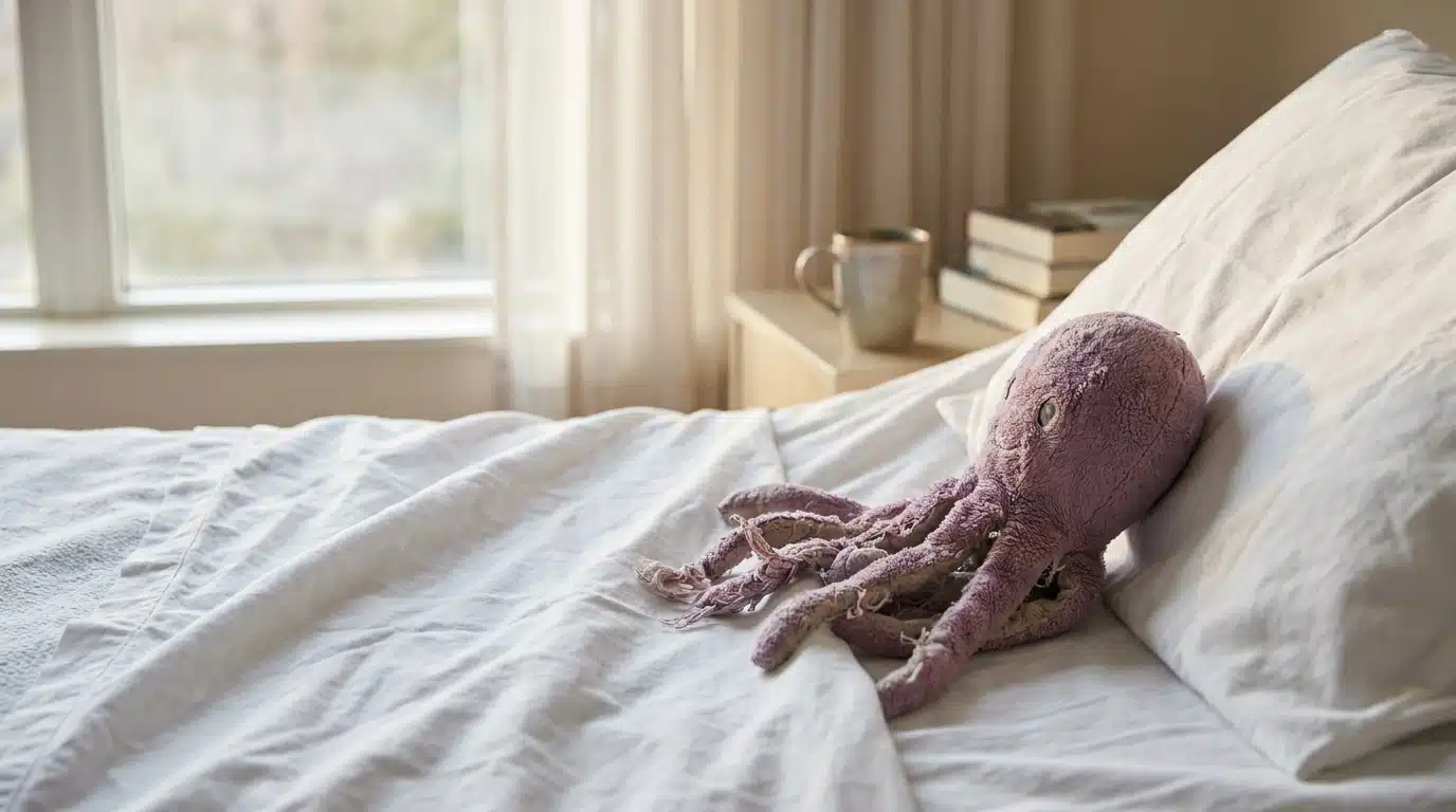 Pieuvre en peluche violette posée sur un lit blanc, symbole du réconfort de Madonna pendant sa convalescence