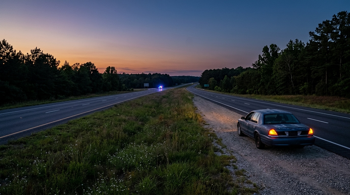 Autoroute américaine déserte au crépuscule avec voiture arrêtée