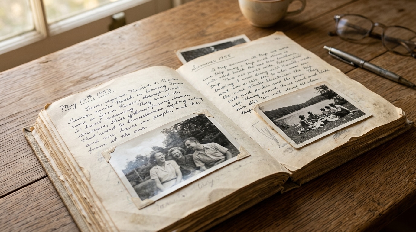 Album photo ouvert avec souvenirs de famille et photos anciennes